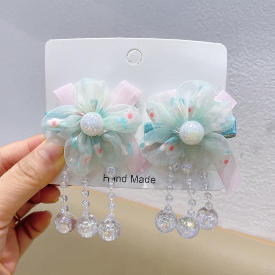 Hairpin Gradient Organza Flowers Bowknot Imitation Pearl Decor with Beaded Tassel Hair Clip