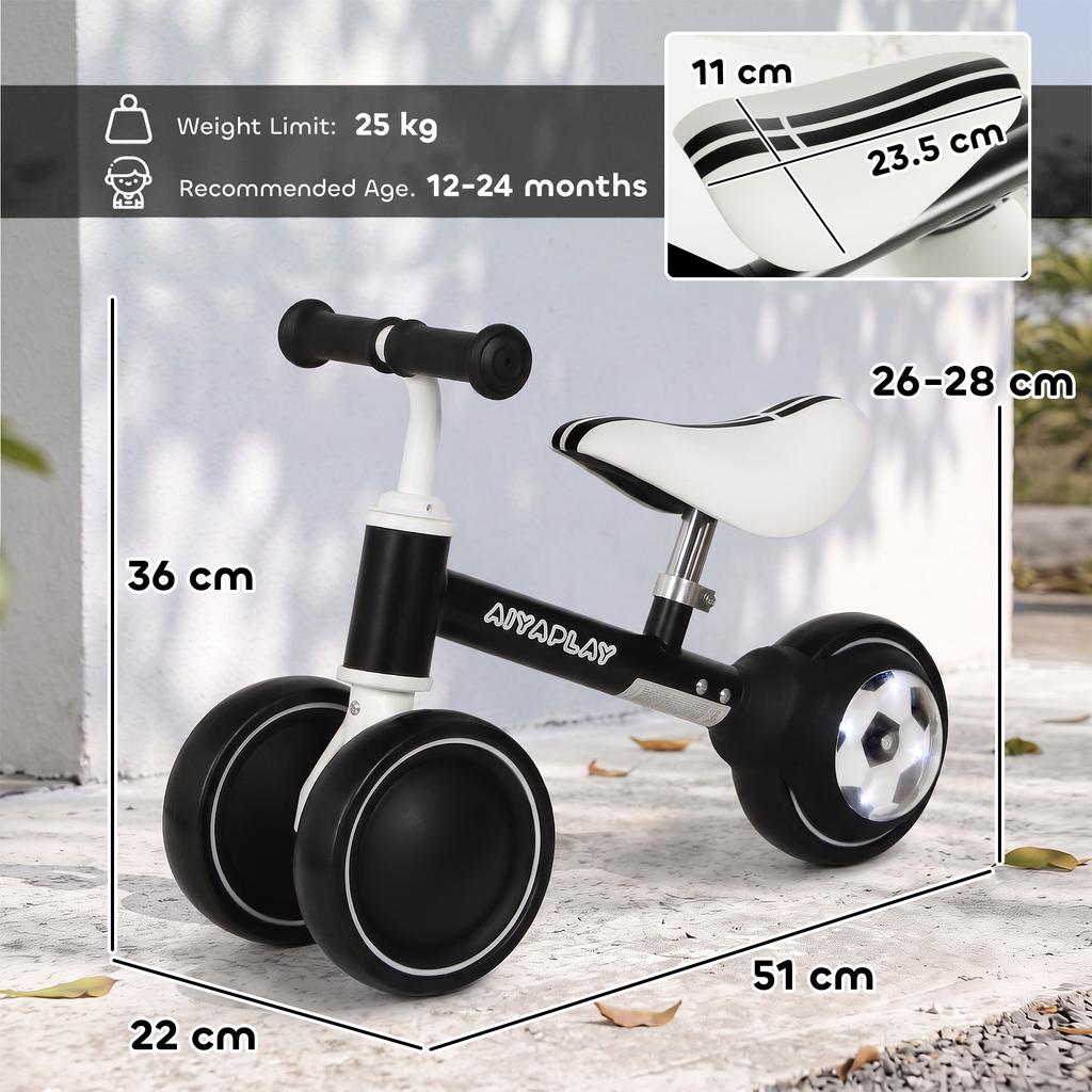Balance Bike for Kids 1-2 Years, Toddler Bike with Adjustable Seat and Lighting Rear Wheels for Boys and Girls, Black