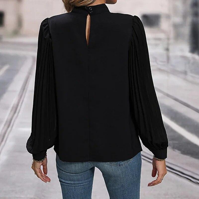 Acheter Chemise noire ample à col montant pour femmes, Simple