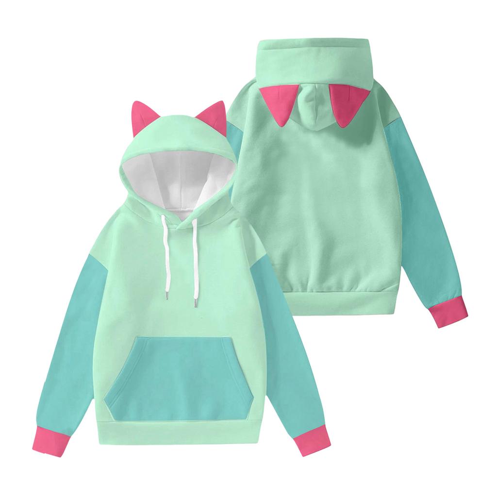 Women's Fashion Long-Sleeved Color-Blocked Printed Hooded Sweatshirt With Ears