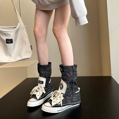 Japanese Shibuya Tide Cool~ 2025 Autumn Niche Ins Tide High Top Canvas Shoes Women's Canvas Short Boots Jeans Tube Boots