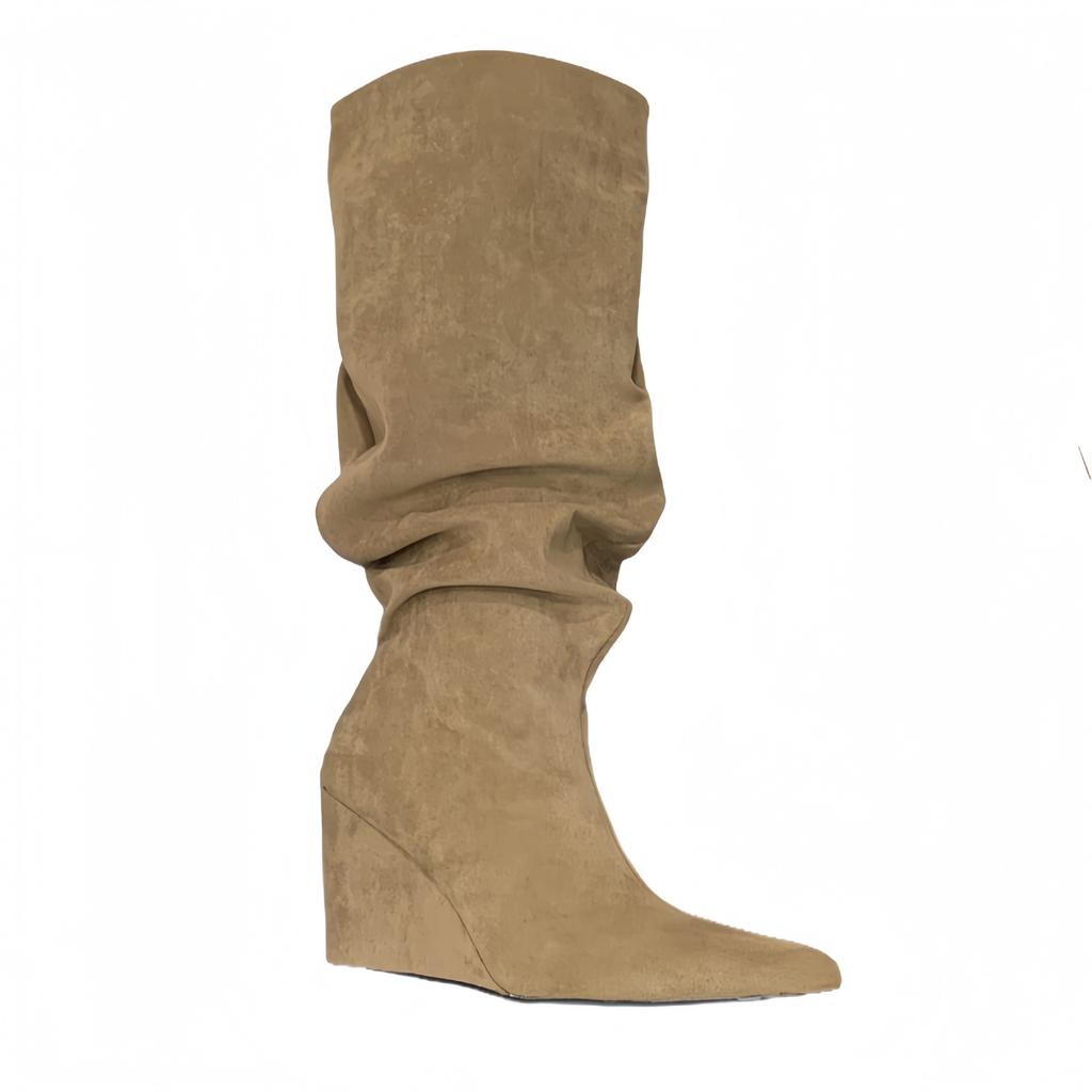 Pointed Heel Folded Pile Boots Women's Burgundy But Knee Knight Boots Skinny Large Couture Boots