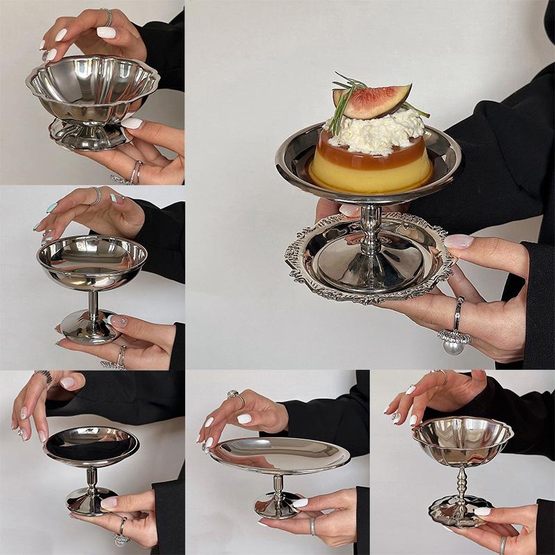 Palace Style Goblet Stainless Steel Ice Cream Dessert Pudding Cup Bowls Salad Goblet Retro High Base Bowl Photo Props
