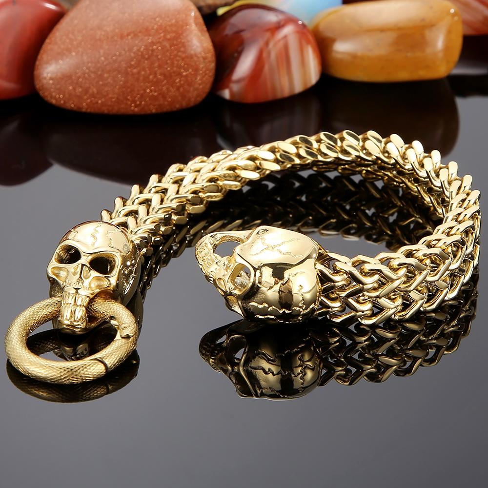 Punk Rock Double Skull Head Face Design Men's Bracelet 11MM Width Stainless Steel Square Franco Link Chain Skeleton Jewelry Male