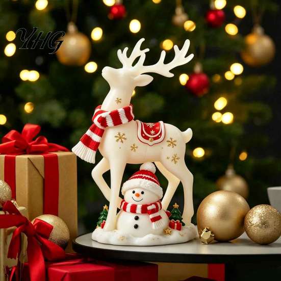 Holiday Atmosphere Table Accessory Christmas Reindeer Snowman Resin Figurine, White Deer Statue with Red Scarf, Charming Winter Decor Tabletop