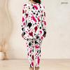 Women Plus Size White Red Black Printed Two Piece Set Round Neck Long Sleeve Longline Top Fitted Pants