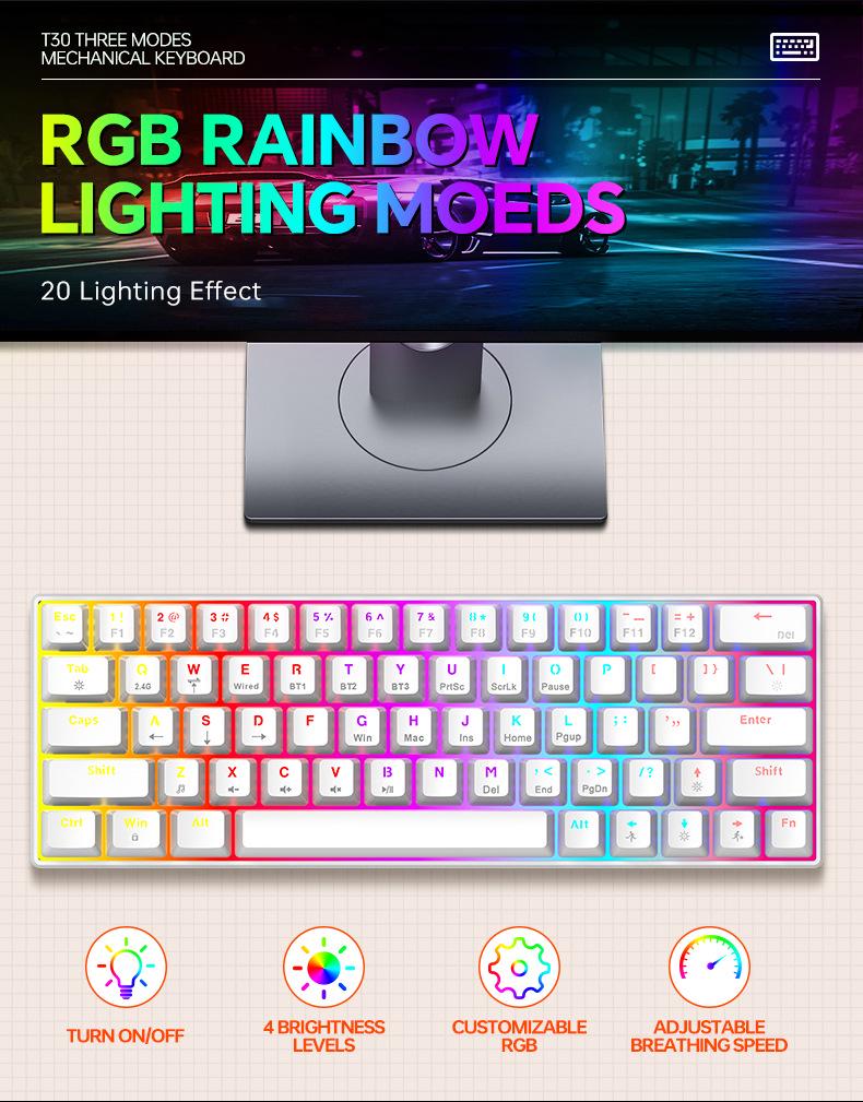 T-WOLF T30 Wireless RGB Mechanical Gaming Keyboard - Bluetooth, Three Modes, Blue Switches