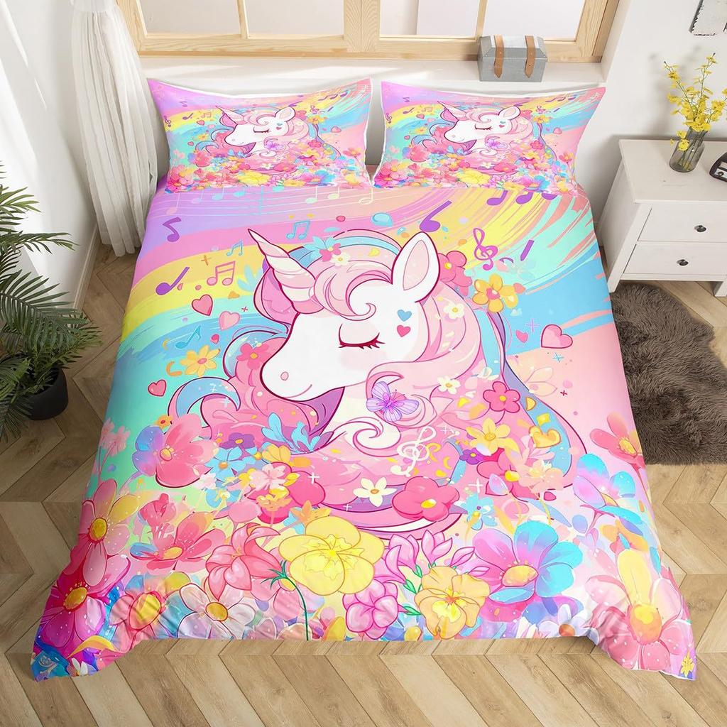 Dreamy Unicorn Duvet Cover Set Queen Size3 Pcs Rainbow Starry Sky Bedding Sets Pink Blue Unicorn Comforter Cover Set For Kids