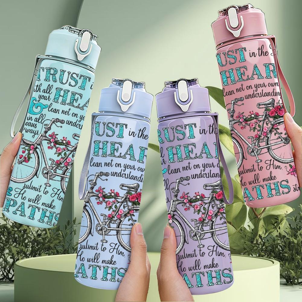 1PC Trust The Heart Bicycle Retro Quote Print 750ml Color Plastic Sports Water Bottle Leakproof Flip Straw Lid Suitable for Sports Office Home Use