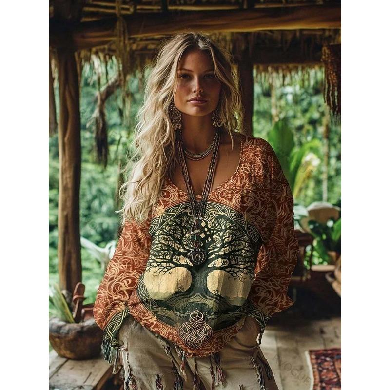 Women's Boho T-shirt Graphic Geometric Elegant Bohemia Vintage Long Sleeve V Neck Regular Tops Daily Weekend