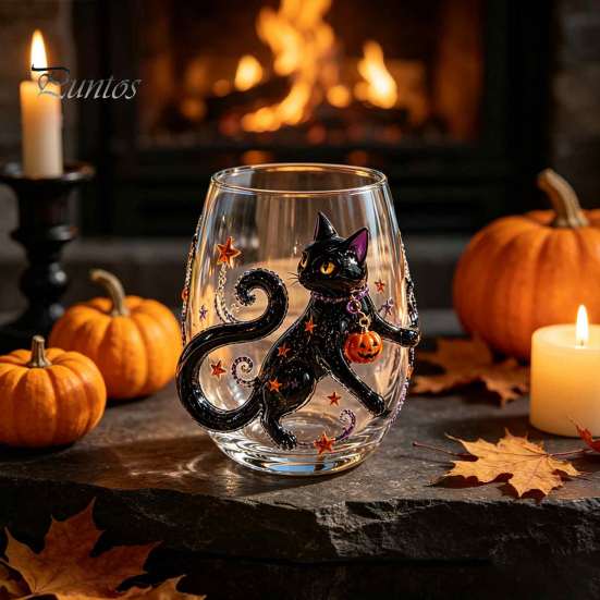 Bicchieri da festa di Halloween, Bicchieri in vetro con rilievo di zucca, fantasma, gatto, pipistrello, Bicchieri da bevande senza stelo spettrali, Bicchieri stagionali per