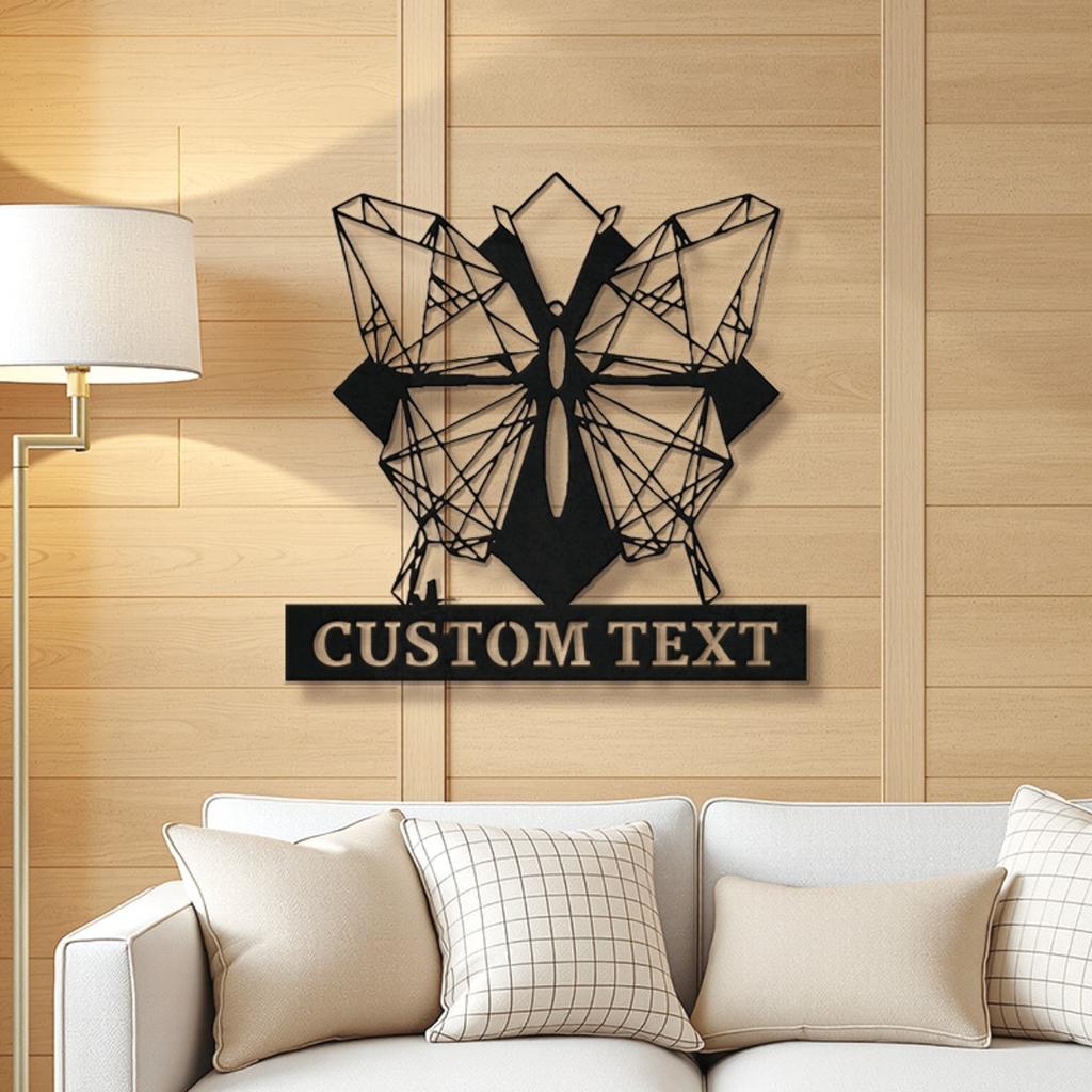 Modern Handcrafted Geometric Butterfly Metal Sign, Exquisitely Personalized Custom Text Durable Indoor Outdoor Wall Decor