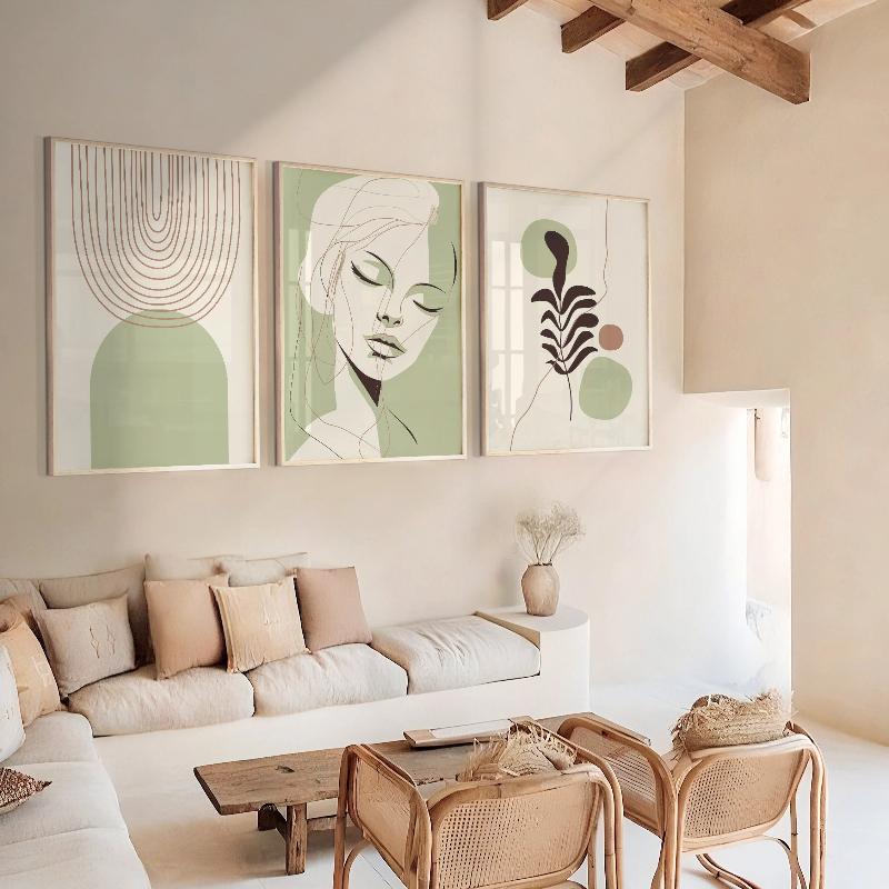 3PC Sage Green Boho Wall Art Minimalist Line Face, Abstract Arch & Botanical Print, Neutral Modern Decor for Living Room