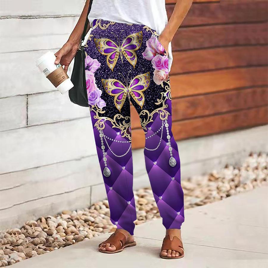 Damen Schmetterlingsdruck Hose Schnürung Elastischer Bund Weite Hose Lässige Lange Hose Hose mit Taschen