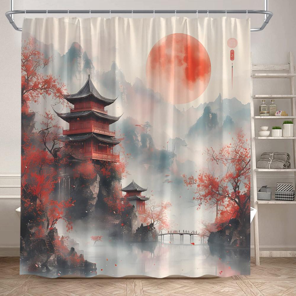 Japanese Style Shower Curtain Pink Cherry Blossom Floral White Crane Mountain Koi Carp Ink Scenery Modern Bathroom Curtain Decor