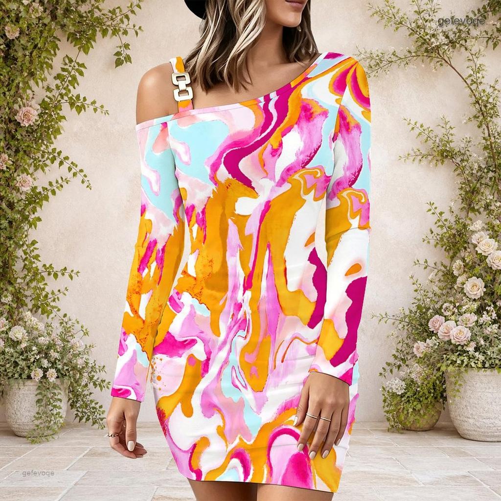 Women Plus Size One Shoulder Long Sleeve Printed Striped Bodycon Mini Dress