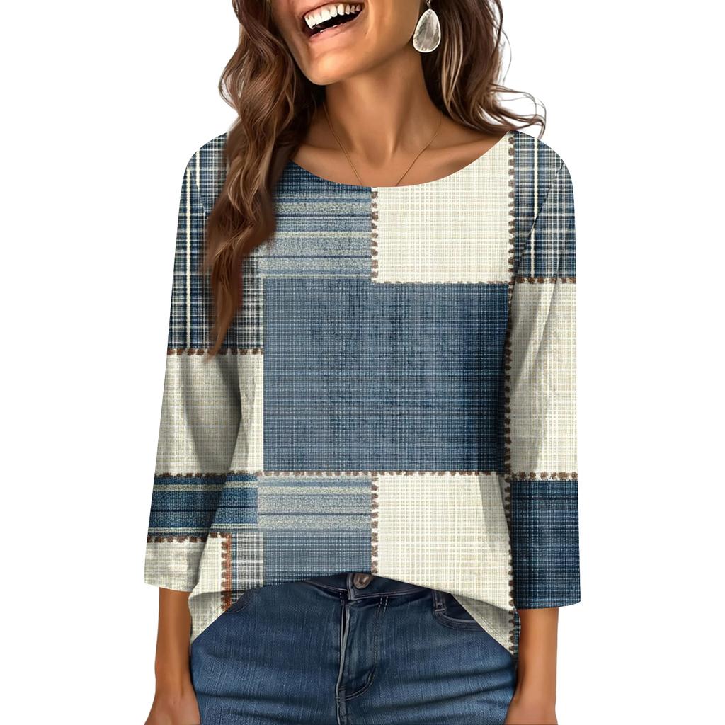 Women's Fashionable Casual Round Neck  3/4 Sleeve  Printed T-Shirt Top