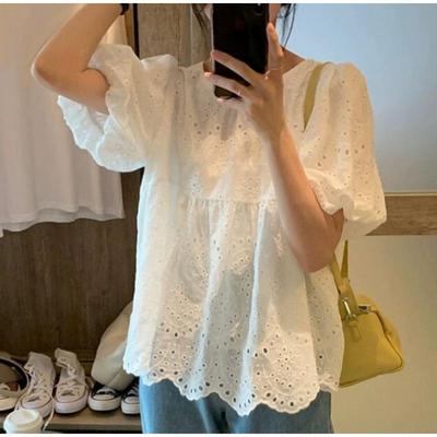 2025 Summer Women's French Embroidered White Doll Shirt with Hollow Bubble Short Sleeves