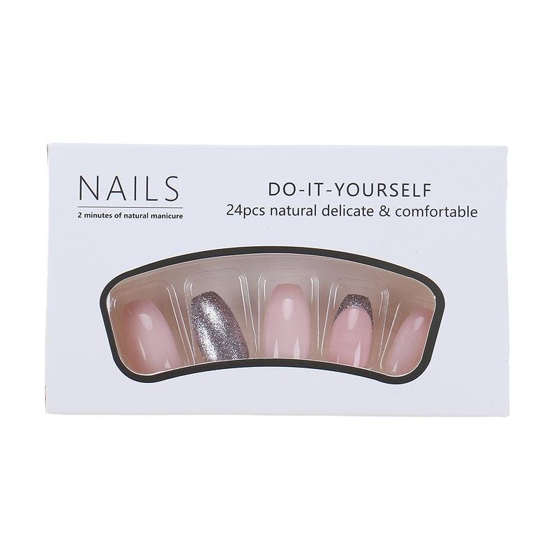 Short Pink Glitter Sweet False Nails with Jelly Glue