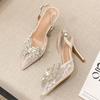 Fashion Luxury Rhinestone Bow Brand High Heels Women Sweet Lace Pointed Toe Buckle Slingback Designer Shoes Elegant Wedding Bridal Shoes