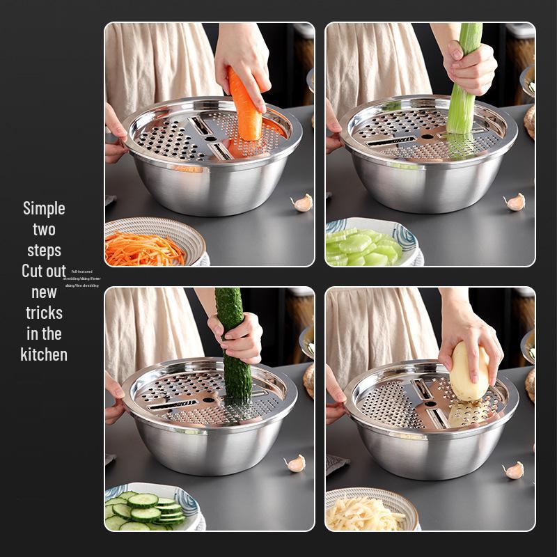 Multifunctional Stainless Steel Grater and Drain Basin Set with Slicer and Non-Magnetic Rice Sieve