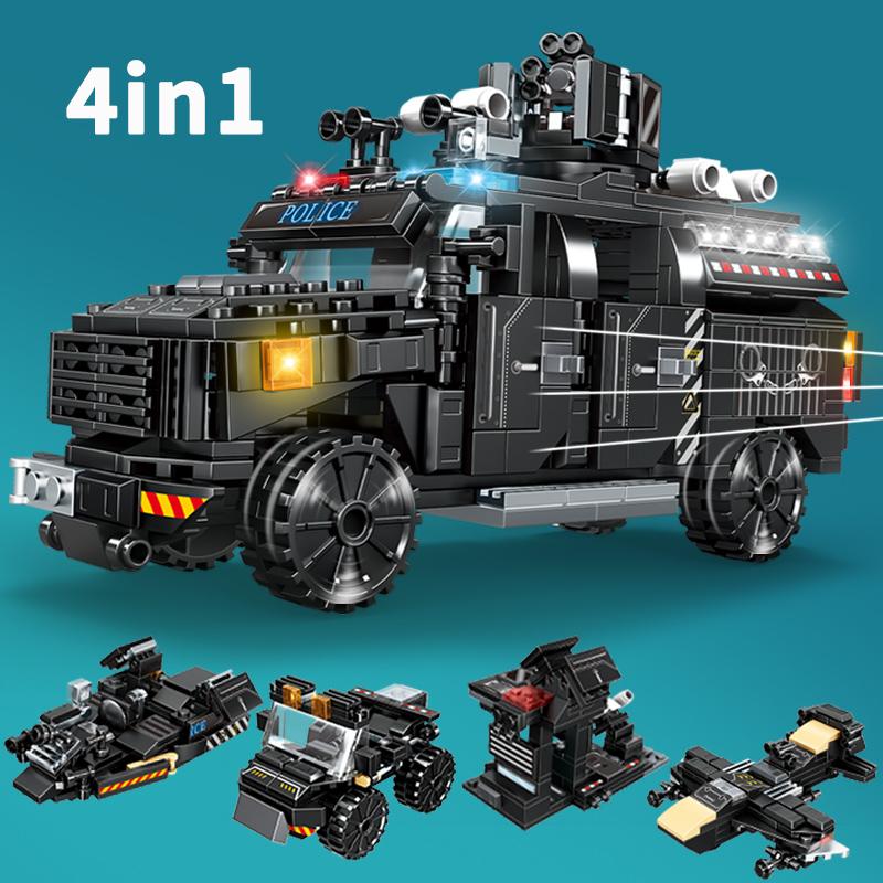 4 In 1 SWAT Police Armored Truck Building Blocks Helicopter Speedboat Vehicle Car Toy Bricks Educational Toy Christmas Gift
