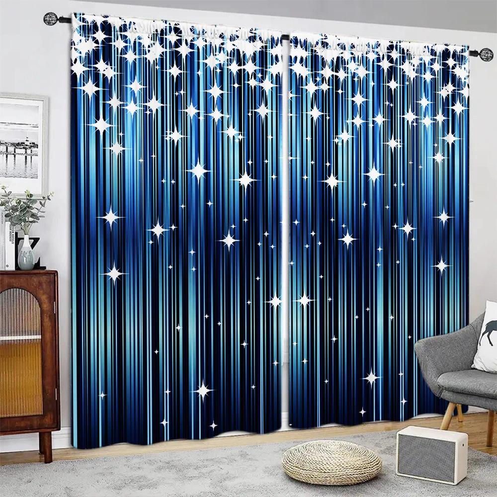 Shiny Gradient Blue Printed Curtain for Home Decor - Rod Pocket Window Treatment for Bedroom, Kitchen, Living Room