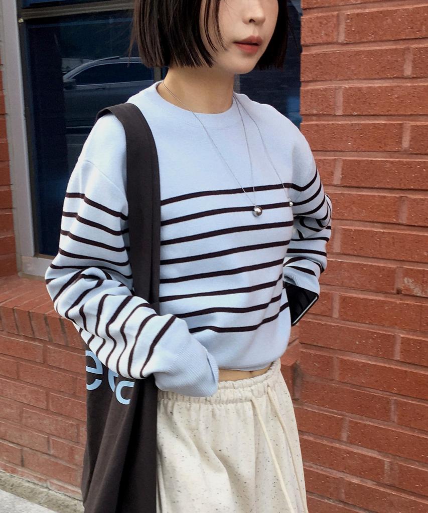LMOOD WOMEN Marine Wool Cotton Stripe Pullover Knit Sky Blue