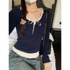 French ballet style fungus edge splicing fake two-piece long-sleeved t-shirt women's design bow bm short top autumn