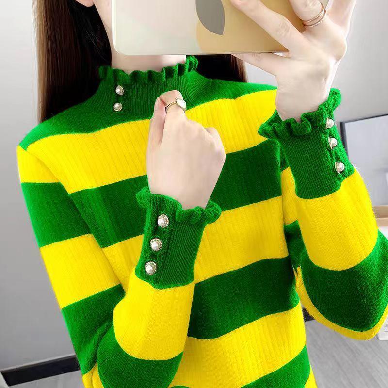 

Женский свитер с полувысоким воротникомОсенне-зимний свитер с цветными блоками, эластичный вязаный свитер, короткий полосатый пуловер, толстый вязаный топ S