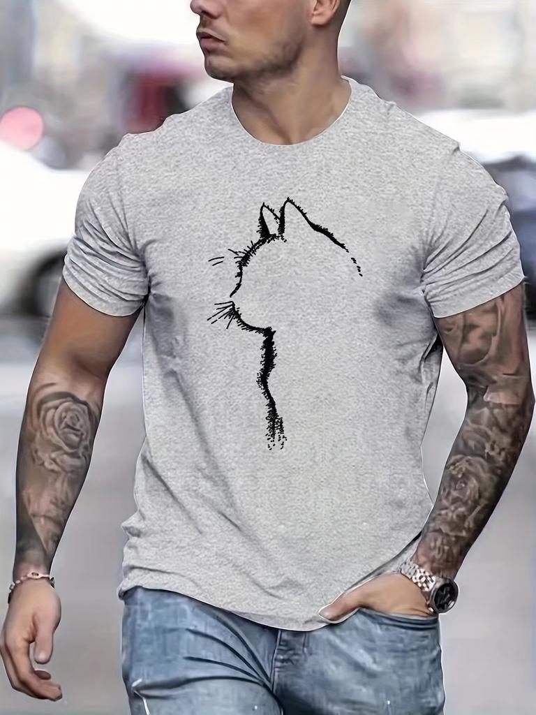 25 New Men's Pure Cotton Summer Loose Casual Comfortable Cat Print Sports Large Size Round Neck Short Sleeve T-shirt Street Top
