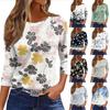 Women's Three-Quarter Sleeve Shirt, Round Neck, Loose Fit, Casual Shirt, Floral Print T-Shirt, Summer