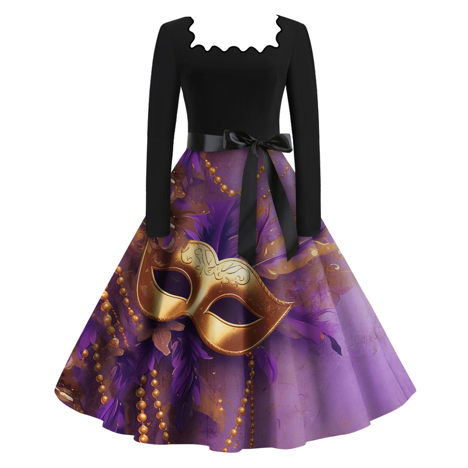 

Women s Casual Fashion Square Neck Long Sleeve Carnival Print Dress XL