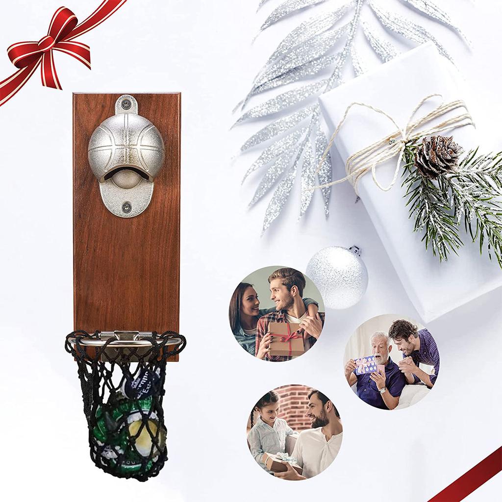 Wall Mounted Bottle Opener Basketball Shot Bottle Opener Wooden Wall-mounted Beer Bottle Opener with Cap Catcher Bar Party Suppl
