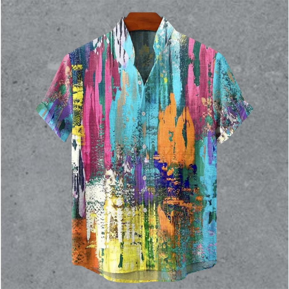 Art retro vintage men's shirt with mottled marks, standing collar printed short sleeved shirt, casual and comfortable top