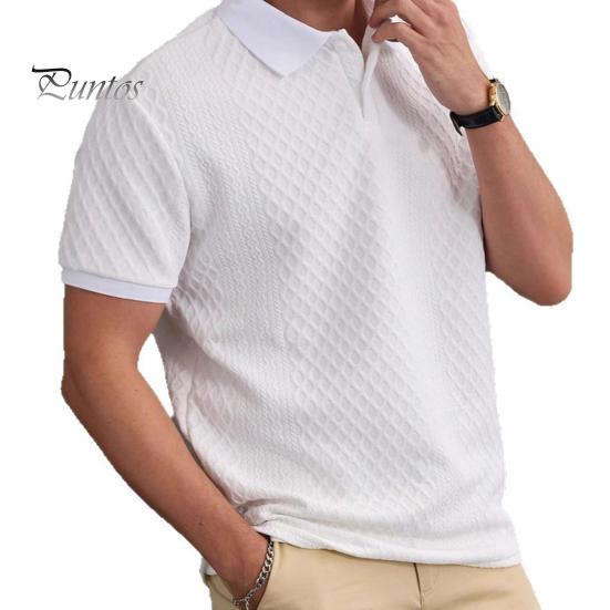Men Tops Lapel Short Sleeve Solid Color Tee Shirt with Jacquard Decoration Jacquard Fabric Solid Color Tops