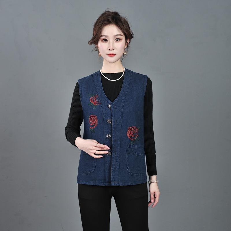 Denim Vest Women's Dark Blue Vest Vest Elderly Pocket Design