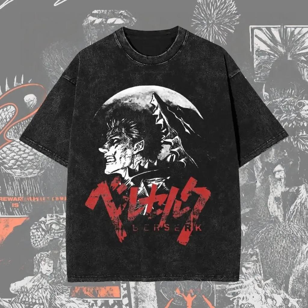 Acid Washed Berserk Print T-shirt Men Women Japan Anime Oversize Streetwear Harajuku Summer Short Sleeve Cotton Female Male Clothing