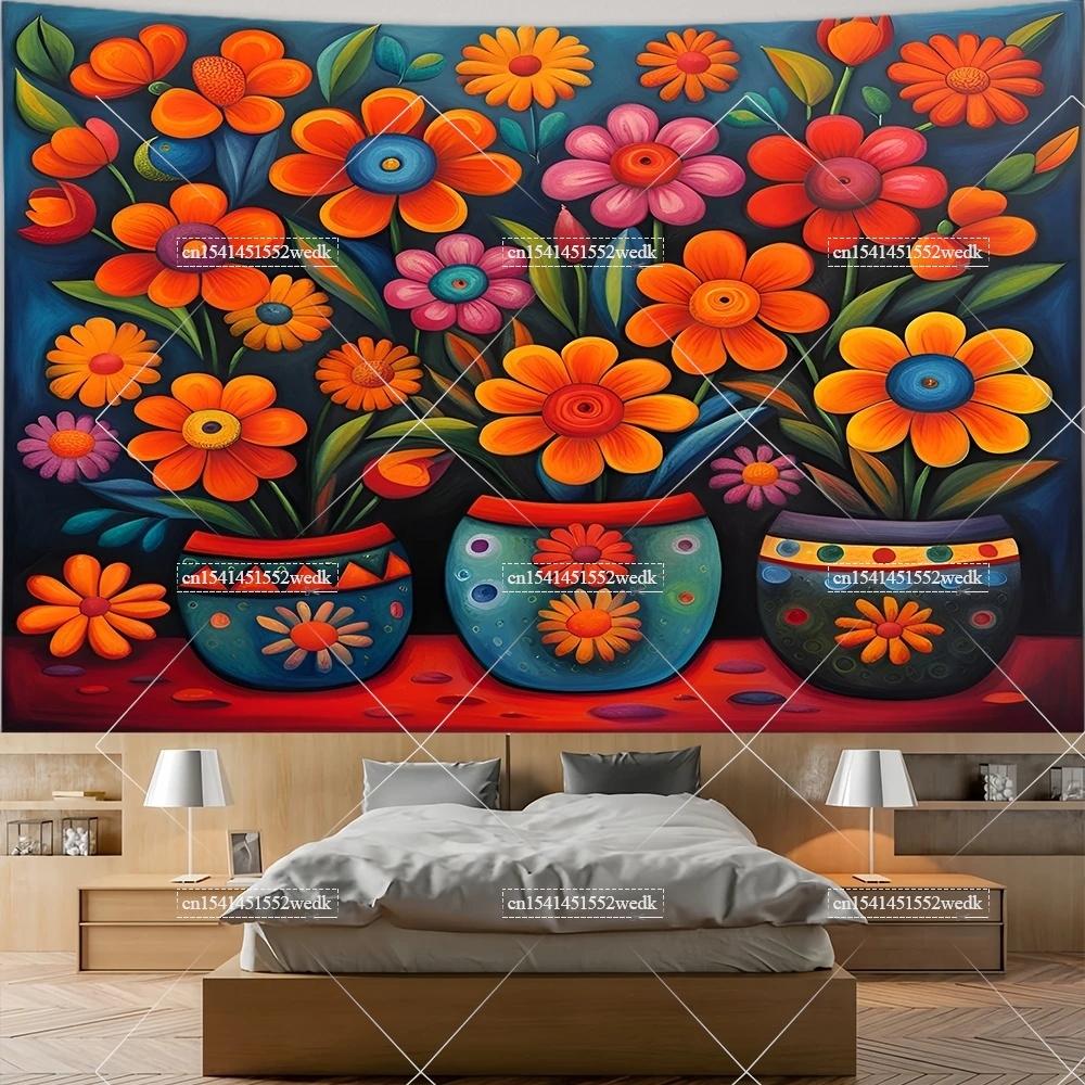 Mexiko Blumenteppich Mexikanische Pflanze Blumen Stickerei Ethnisch Otomi Vögel Wandteppiche Ästhetische Raumdeko Illustrationen Hintergrund
