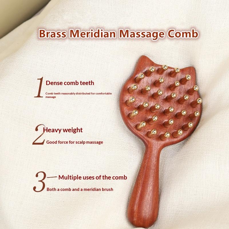Sandalwood Massage Comb & Kitten Shape Gua Sha Tool Brass Head Long Handle Sturdy Meridian Massager Brush for SPA