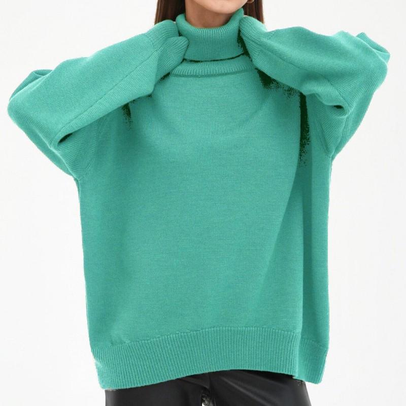 Womens Solid Color High Neck Knit Sweater Loose Fit Winter 2026 Casual Streetwear Long Sleeve Pullover