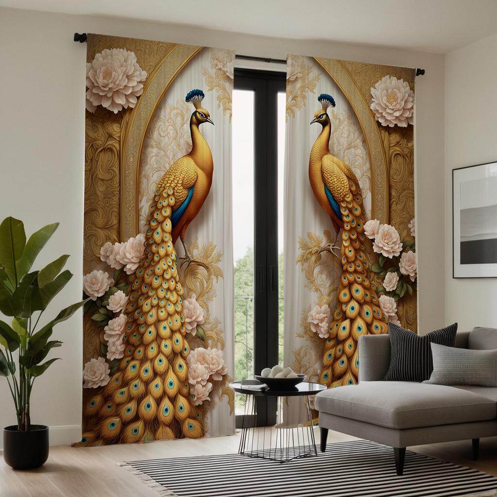 2-teiliger HD-Digital-gelber Vorhang mit Blumenpfingstrose-Pfauenbild, Dekorationsstil für Wohnzimmer, Schlafzimmer, Abnutzungsstange