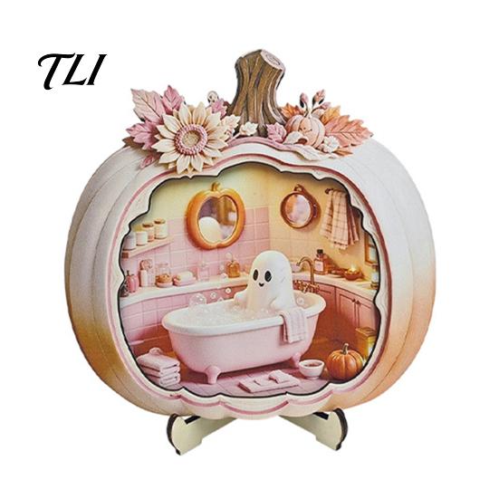 Wooden Halloween Night Light Ghost Pumpkin Plaque, 2D Flat Tabletop Sign, Table Decor Spooky Bathing Reading Ornament for Home Office Mantel