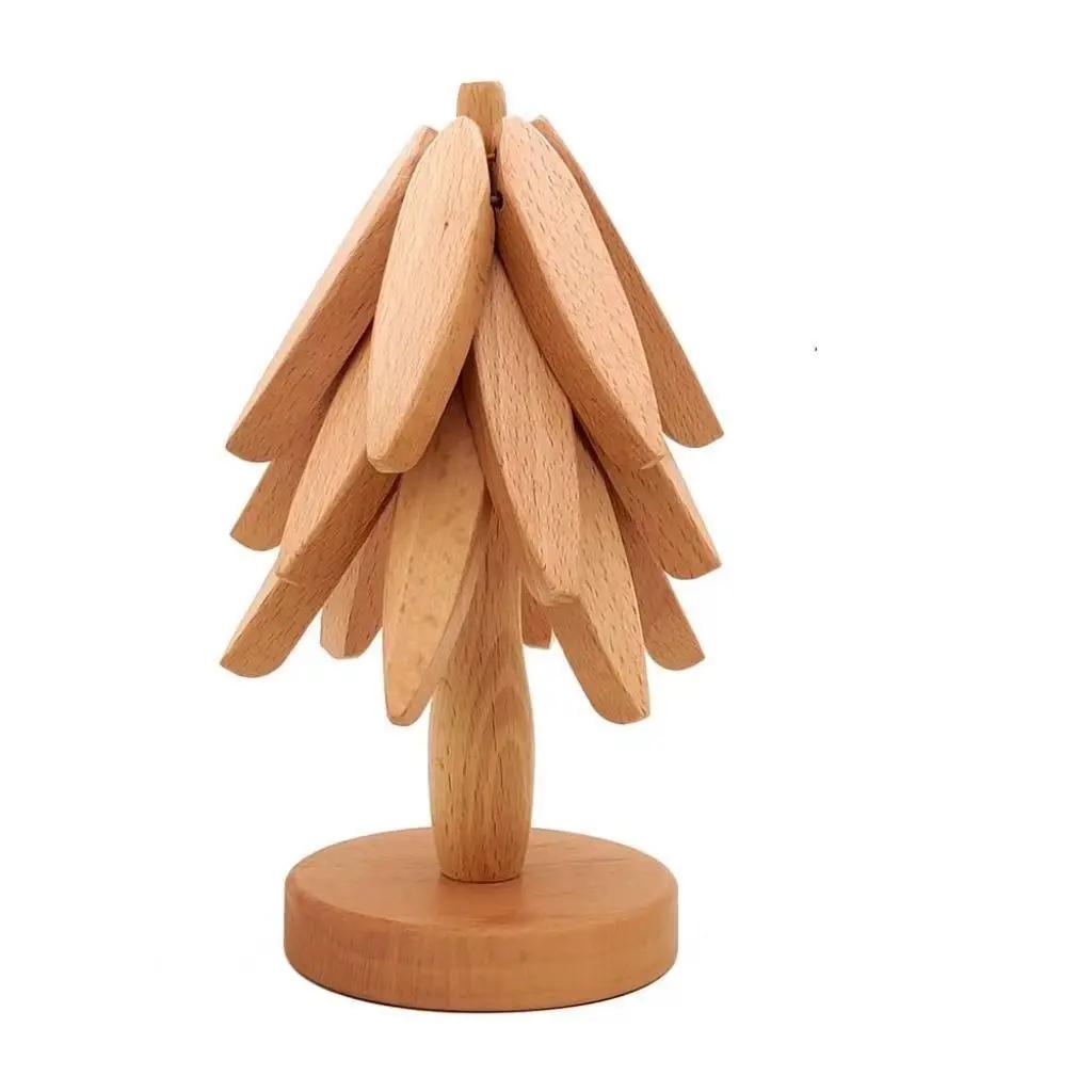 Hot Dish Wooden Tripod Decoration Foldable Tree Stand Anti-scalding Heat-resistant Table Mat Wooden Placemat Basin Kitchen Tool