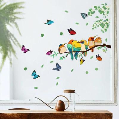 Doppelseitiger Zweig Bunter Vogel Schmetterling Wandaufkleber Elektrostatischer Glasaufkleber Fenster Visueller Dekorativer Wandaufkleber