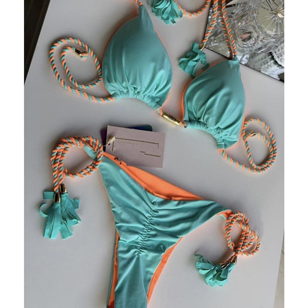 Costum de baie european și american geantă triunghiulară sexy pentru femeie Split Culoare uni Bikini sexy cu frânghie împletită multicoloră