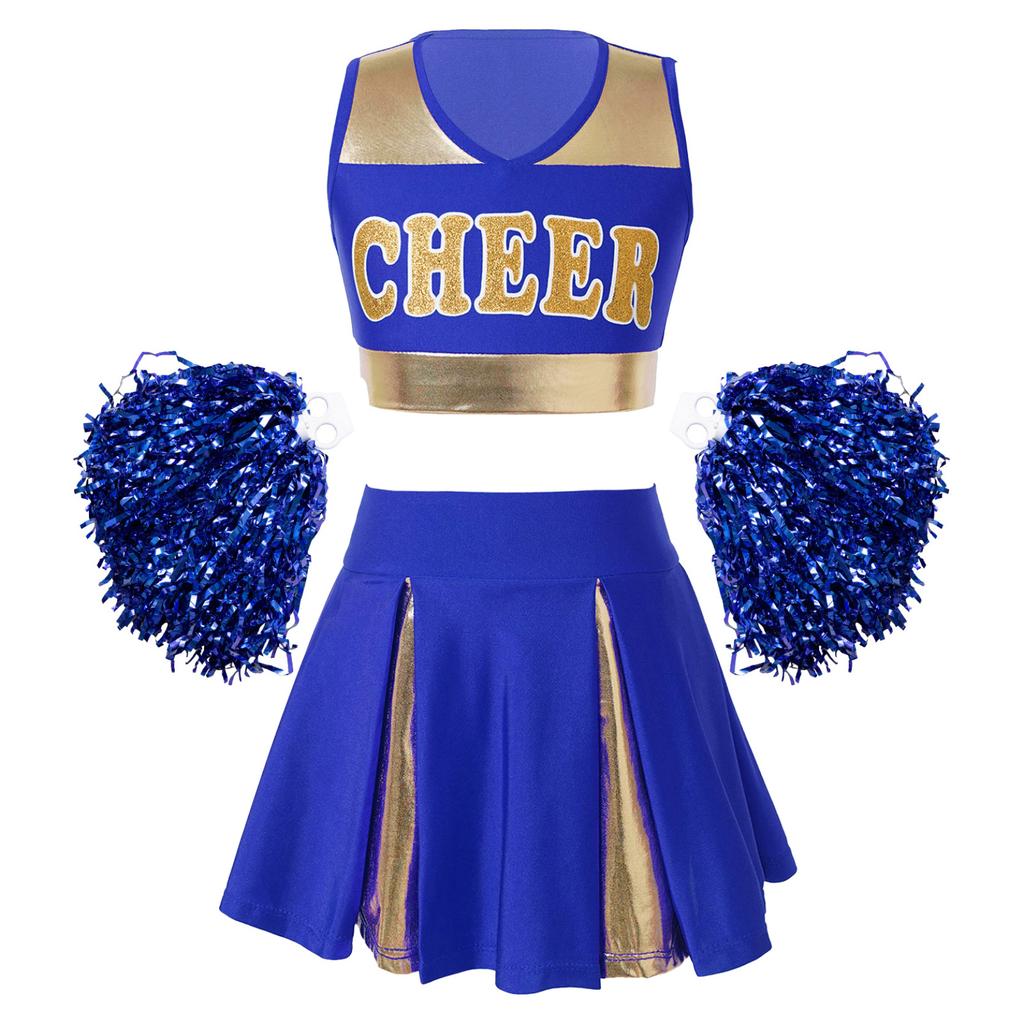 Girl's Cheerleading Uniform Fancy Dress Outfit Cosplay Halloween Costume Crop Top with Skirt and Hand Flowers