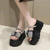 8CM Platform Slippers Sandals Woman Bling Diamond Bowknot Thick Sole Slippers Women Chunky Flip Flops Summer Casual Beach Slides