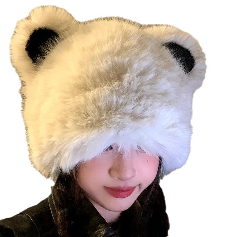 Imitation Fox Plush Hat for Women Winter Cute and Sweet Warm Ear Protection Cold Hat New Cat Ear Bear Hat