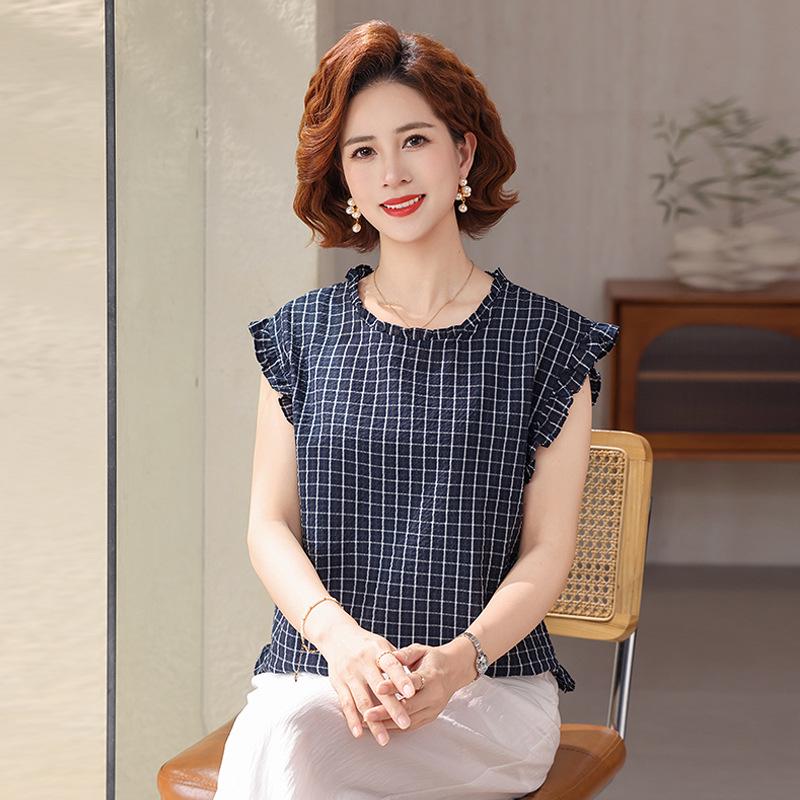 

Women s Summer Plaid Ruffle Neck Short-Sleeve Top, Stylish and Age-Reducing, Mom Style 3XL (120-135 lbs) темно-синий